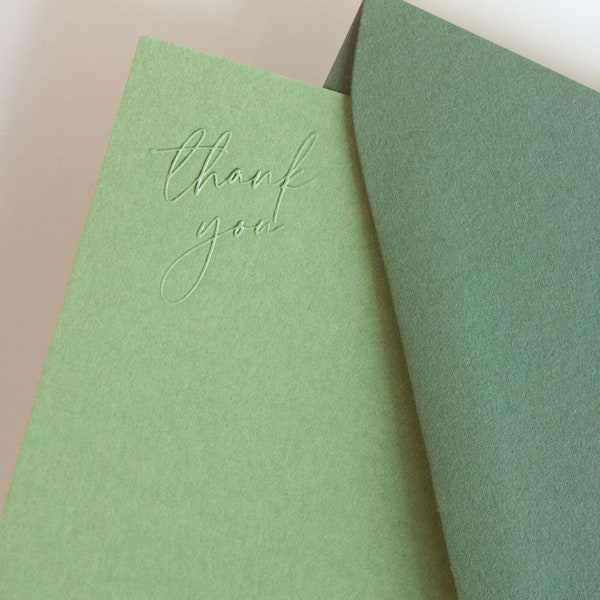 Thank You Cards | Green Duo Tone Embossed | Set of 10 | Flat Cards