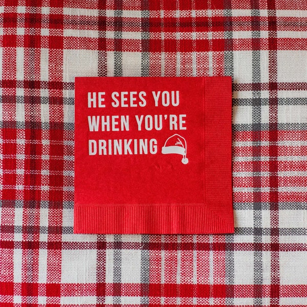 He See's You When You're Drinking SANTA Christmas Cocktail Napkins / Christmas Cocktail Napkins / Set of 25 / Holiday Party Napkins