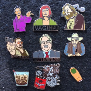 9 Big Lebowski Pins! The Dude,Toe, Jesus, Maude,Donny,The Stranger,Mark It Zero,Caucasian,Thats Marvelous!