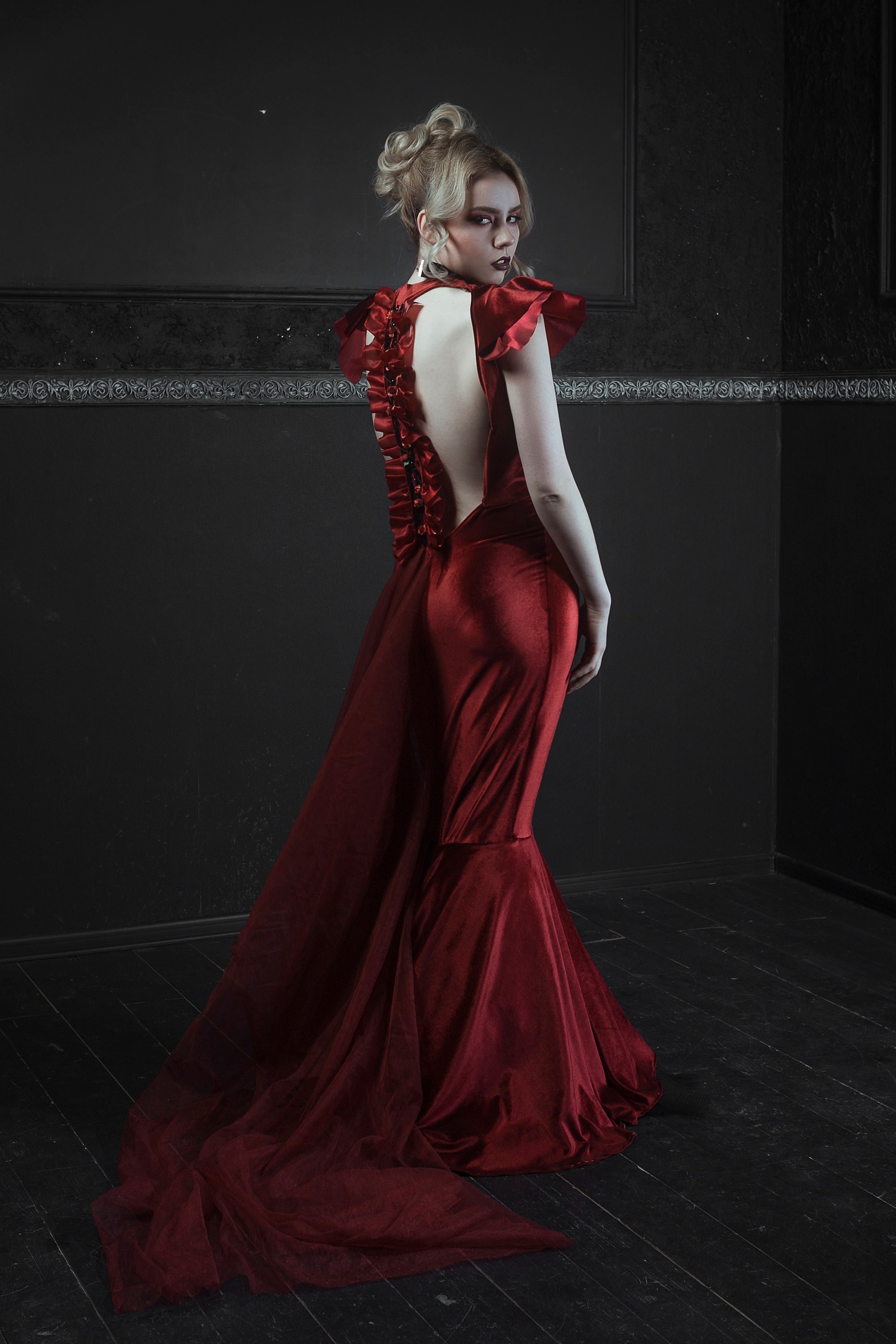 Red Velvet Gothic Victorian Bustle Gown Vampire Masquerade Etsy