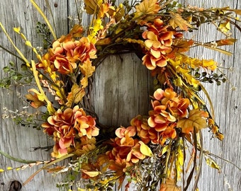 Fall Wreath with Orange and Yellow Hydrangeas and Fall Foliage, Autumn Wreath, Fall Centerpiece, Fall Decor, Autumn Decor, Farm House Wreath