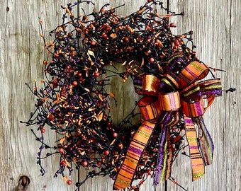 Halloween Wreath with Black, Purple and Orange Berries
