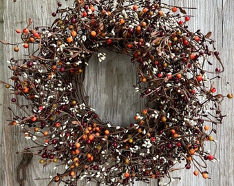 Shabby Chic Wreath with Burgundy, Cream and Rose Hip Berries