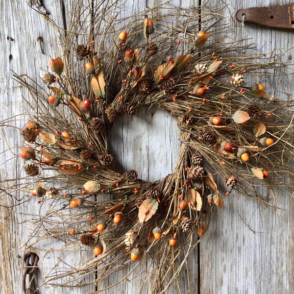 Fall Twig Wreath with Acorns, Pip Berries and Fall Leaves, Autumn Wreath, Fall Wreath, Acorn Wreath, Fall Door Decor, Storm Door Wreath