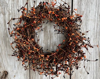 Country Wreath with  Orange, Green, Burgundy and Black Pip Berries