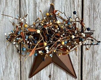 Rust and Black Wall Pocket Star with Blue, Cream and Tan Mixed Berrie