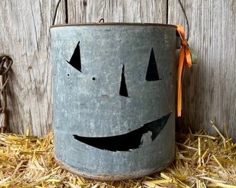 Vintage Galvanized Minnow Bucket with Pumpkin Face