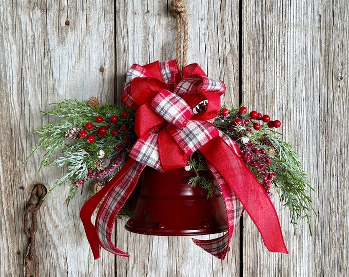 Featured listing image: Country Red Bell with Snowy Pine Stems, Berries and Mini White Jingle Bells