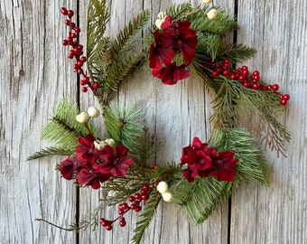 Christmas Wreath with Red Hydrangeas, White Berries and Pine Stems, Winter Wreath, Pine Wreath, Holiday Wreath