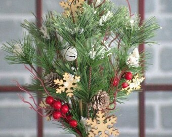 Christmas and Winter Floral Pick with Faux Pine, Snowflakes, Jingle Bells  and Berries