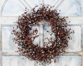 Orange, Light Blue and Black Pip Berry Wreath, Fall Wreath, Halloween Wreath, Holiday Wreath, Candle Wreath, Primitive Wreath, Mini Wreath