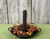 Black Iron Candle Pan with Orange Pip Berries and Candle, Wrought Candle Holder, Primitive Candle Pan, Taper Candle Holder, Primitive Decor