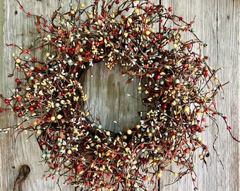 Fall Wreath with Coral, Blue and Butter Pip Berries