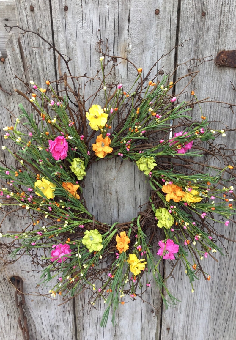 Summer Wreath Farmhouse Wreath Free Ship Rustic Wreath Pip Berry Wreath Spring Wreath Twig Wreath with Summer Flowers and Pip Berries