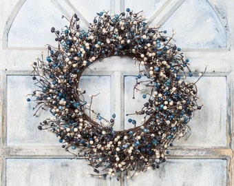 Pip Berry Wreath with Blue and Black Berries, Storm Door Wreath, Front Door Wreath, Shabby Chic Decor, Country Decor, Primitive Decor