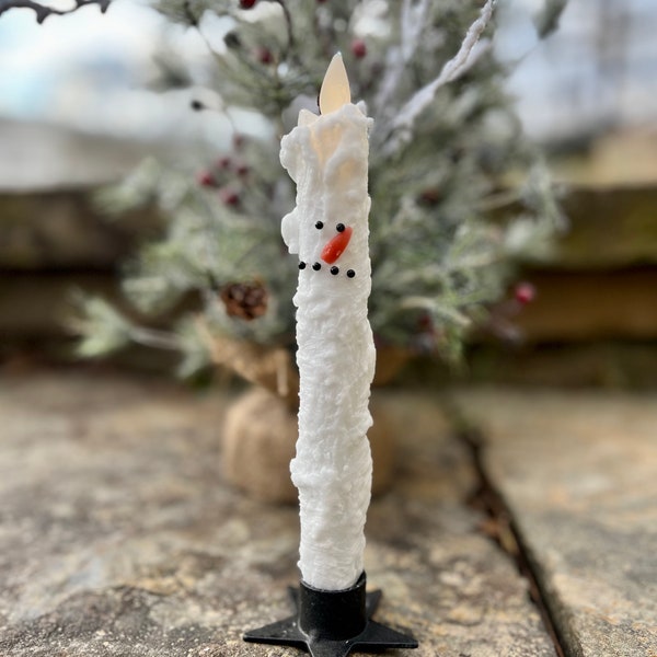 Snowman Timer Taper Candle with Snowman Face, Winter Candle, Battery Candle Timer, Flameless Candle, Timer Candle,