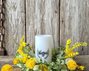 Spring Candle Wreath with Yellow Flowers and Poms