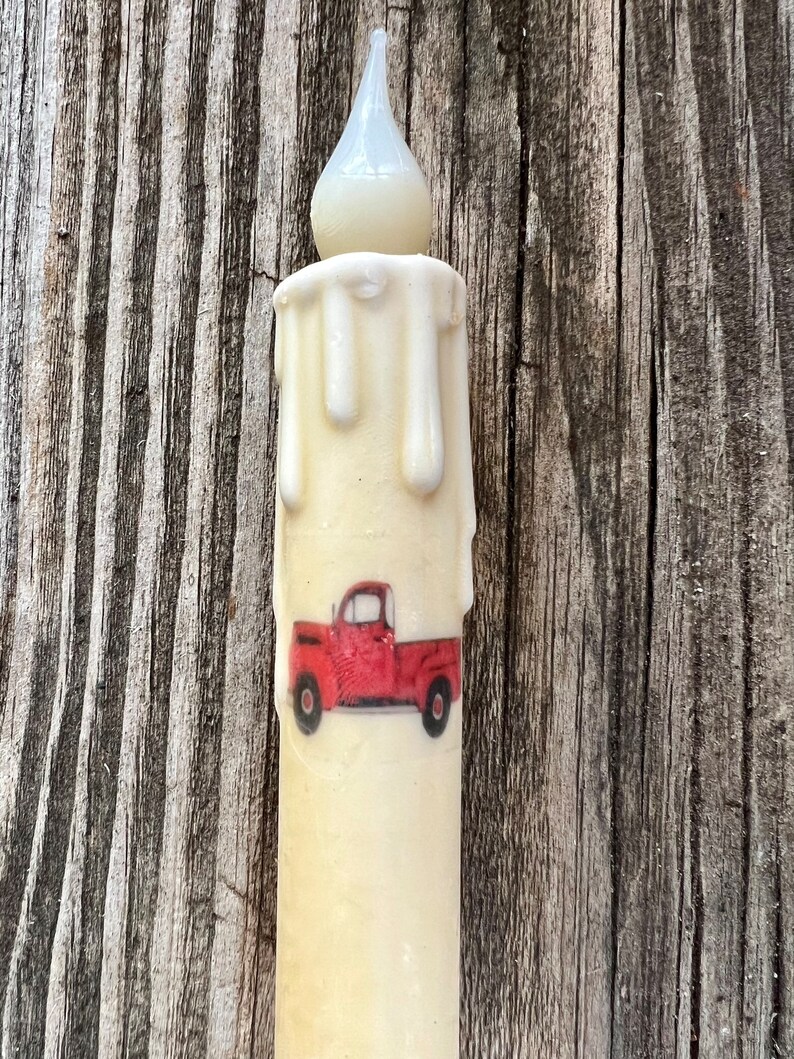 Flameless Taper Candle With Red Truck Design primitive Taper Etsy