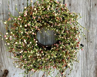 Mini Wreath with Green, Purple, Pink and Light Yellow Berries,  Pip Berry Wreath, Shabby Chic Wreath, Primitive Wreath, Wedding Decor
