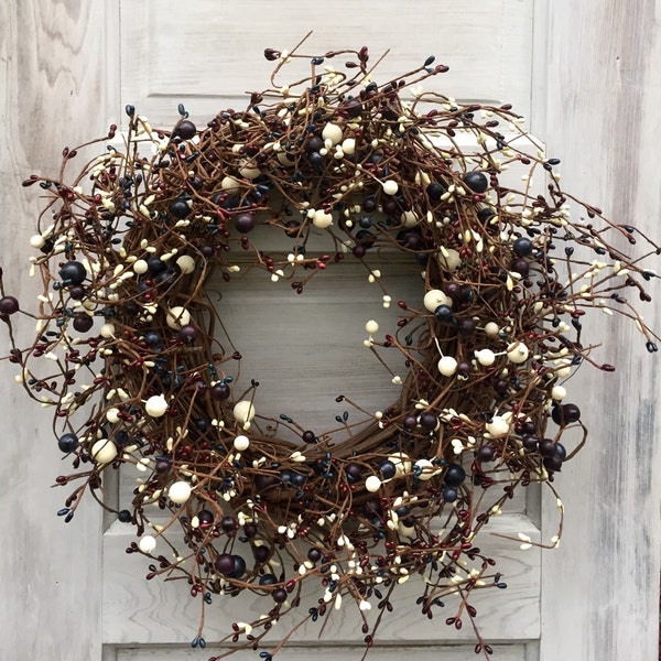 Burgundy, Navy and Cream Pip Berry Wreath