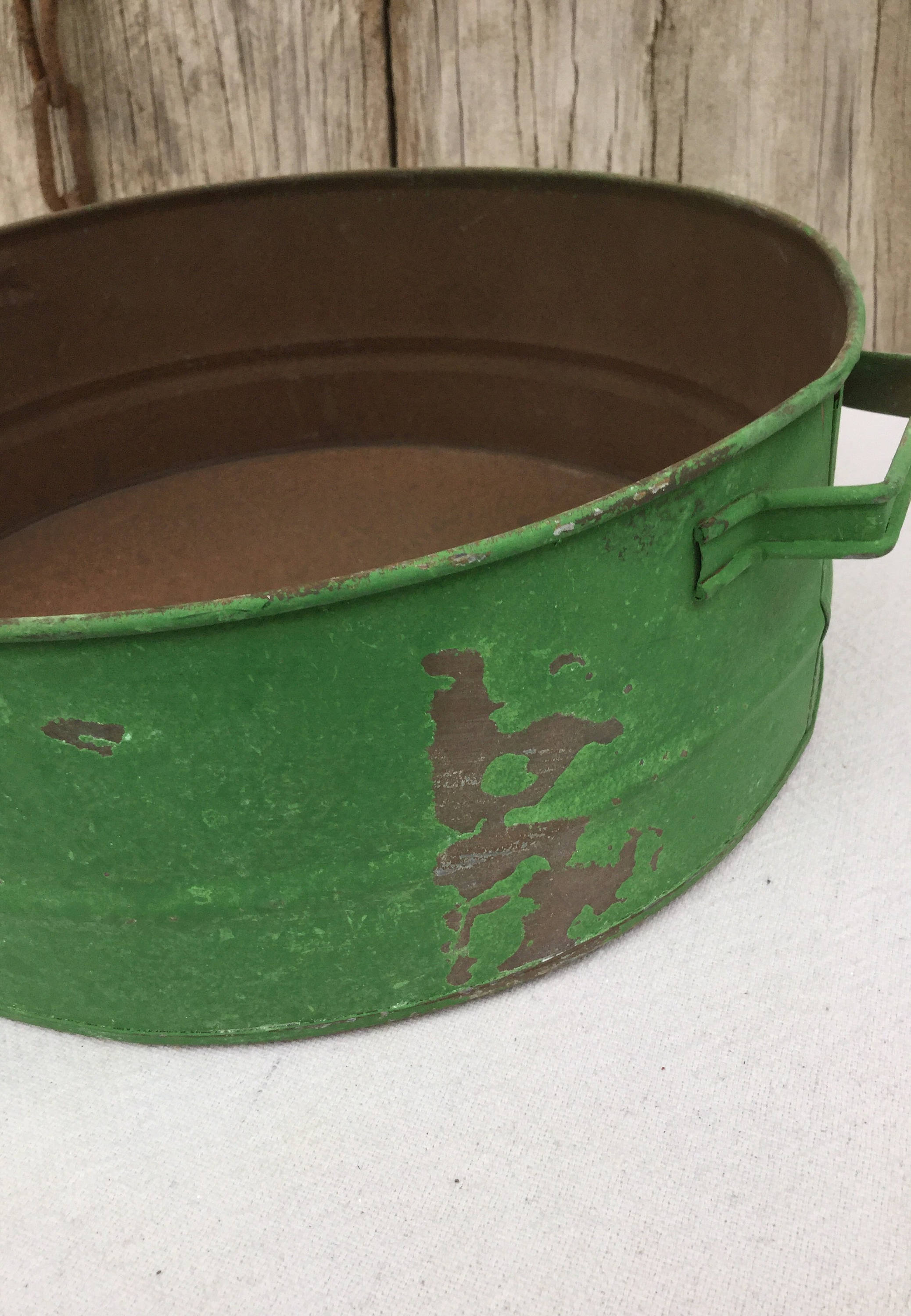 Rustic Tin Basin with Distressed Green Finish, Primitive Decor, Rustic