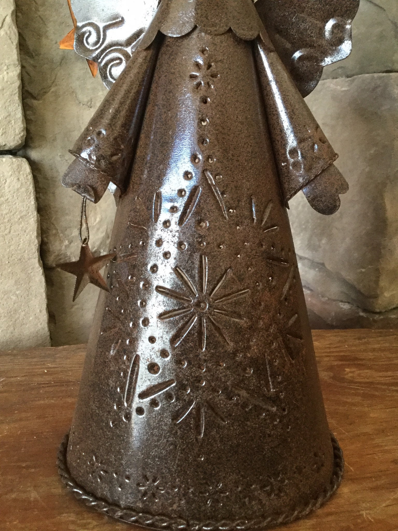 Rusty Tin Angel Candle Holder with Winter Florals and Pip Berries