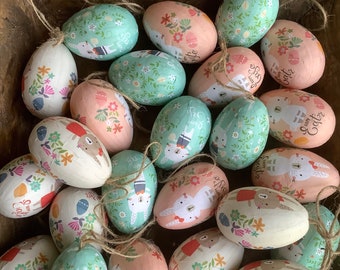 Paper Mache Easter Eggs with Playful Bunnies Motif