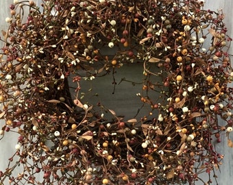 Fall Wreath with Orange, Brown, Tan, Mustard and Green Berries