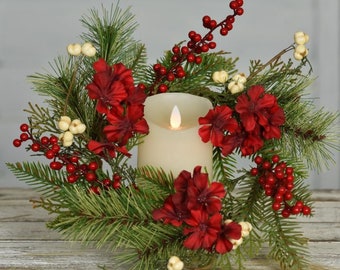 Christmas Candle Wreath with Red Hydrangeas, White Berries and Pine Stems, Winter Wreath, Pine Wreath, Holiday Wreath