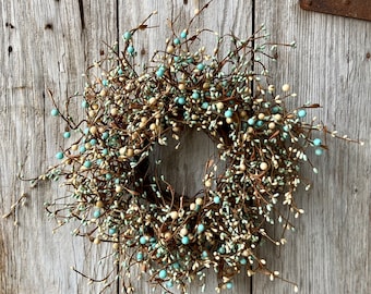 Pip Berry Wreath with Light Teal and Cream Berries, Farmhouse Wreath, Primitive Wreath, Spring Wreath, Summer Wreath, Wedding Wreath