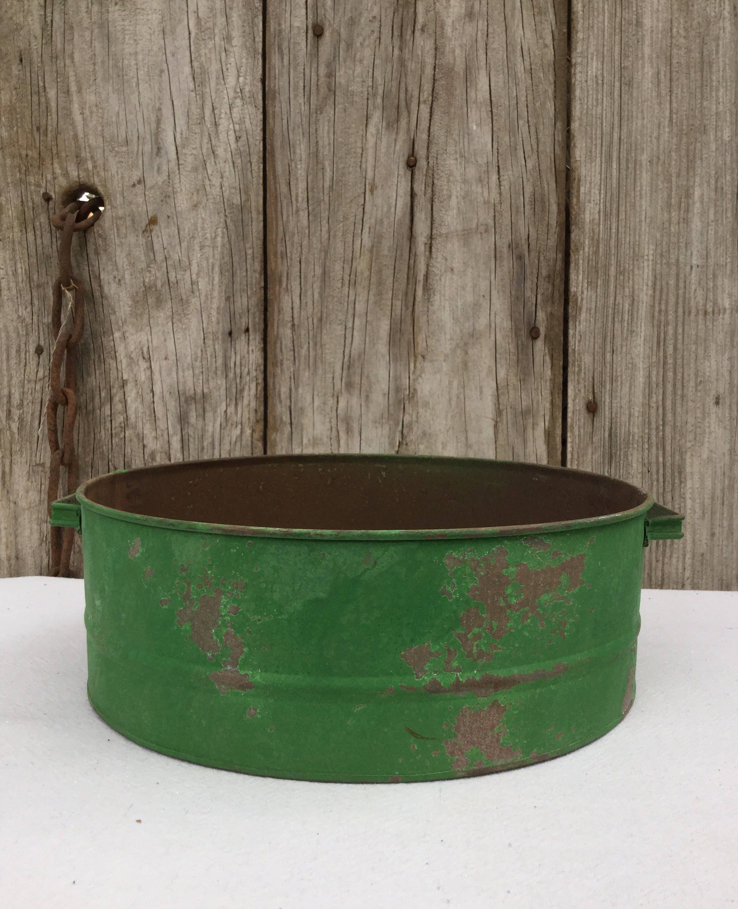 Rustic Tin Basin with Distressed Green Finish, Primitive Decor, Rustic