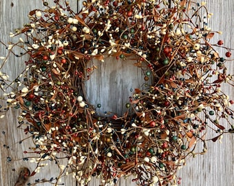 Country Wreath with Burnt Orange, Turquoise, Navy and Green Berries