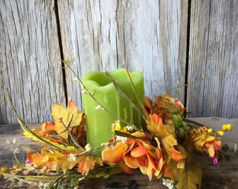 Fall Candle Ring with Orange and Yellow Hydrangeas