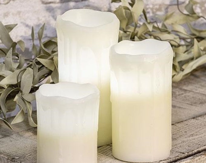 White Drip Pillar Candles, Flameless Candles, Primitive Candles