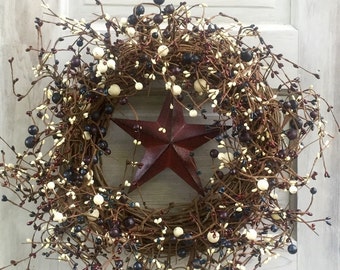 Patriotic Wreath with Burgundy,Navy and Cream Pip Berries and Center Barn Star