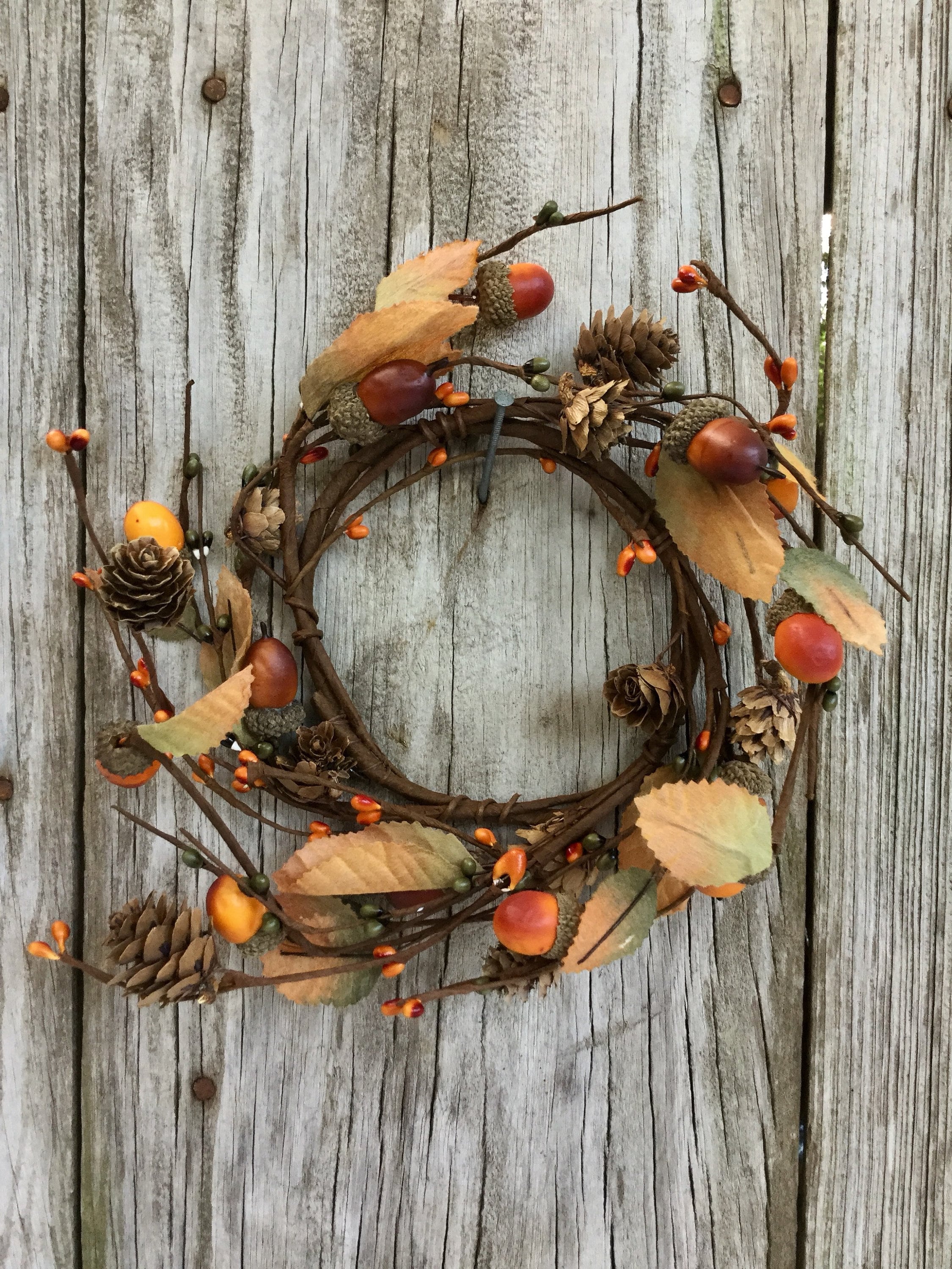 Fall Candle Ring with Acorns, Pine Cones, Leaves and Berries