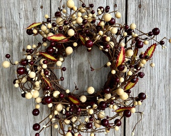 Farmhouse Wreath with Burgundy and Cream Mixed Berries and Leaves