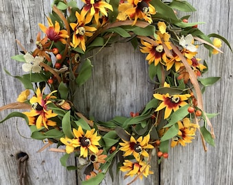 Sunflower Wreath, Summer Wreath, Fall Wreath, Autumn Wreath, Rustic Wreath, Farmhouse Decor, Primitive Decor, Free Shipping