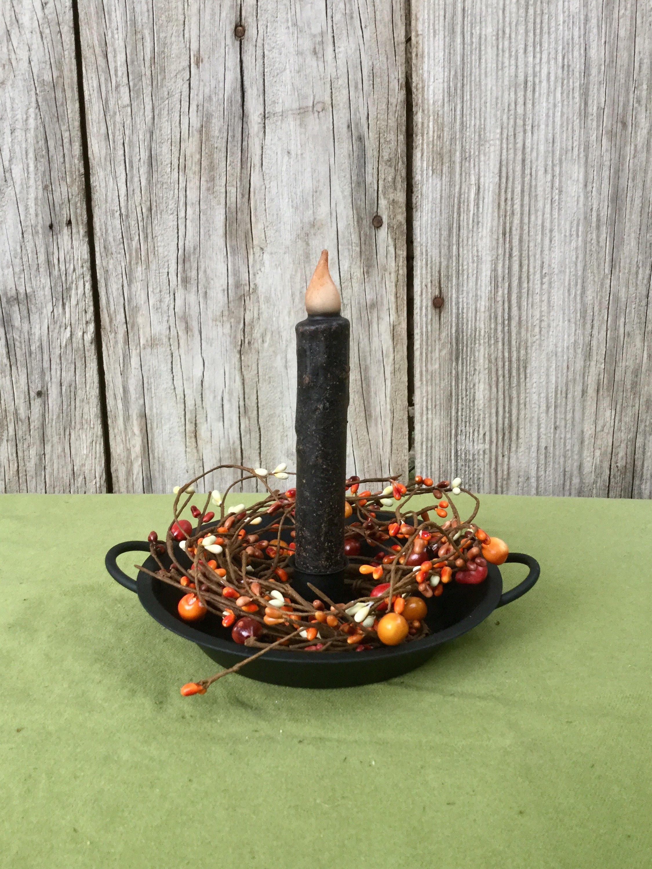 Black Iron Candle Pan with Pip Berries Wrought Candle Holder Etsy