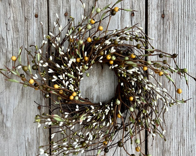 Featured listing image: Twig Wreath with Green, Cream and Yellow Mixed Berries