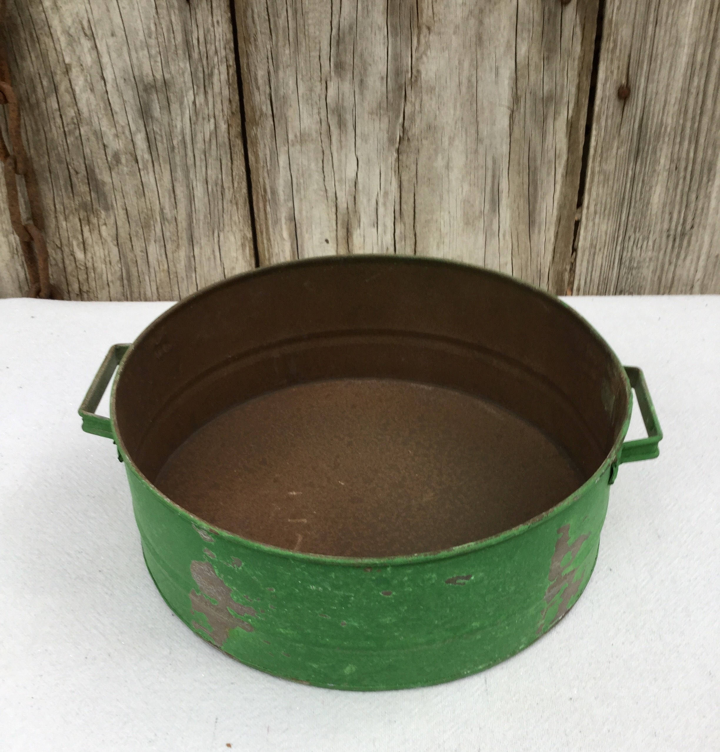 Rustic Tin Basin with Distressed Green Finish, Primitive Decor, Rustic