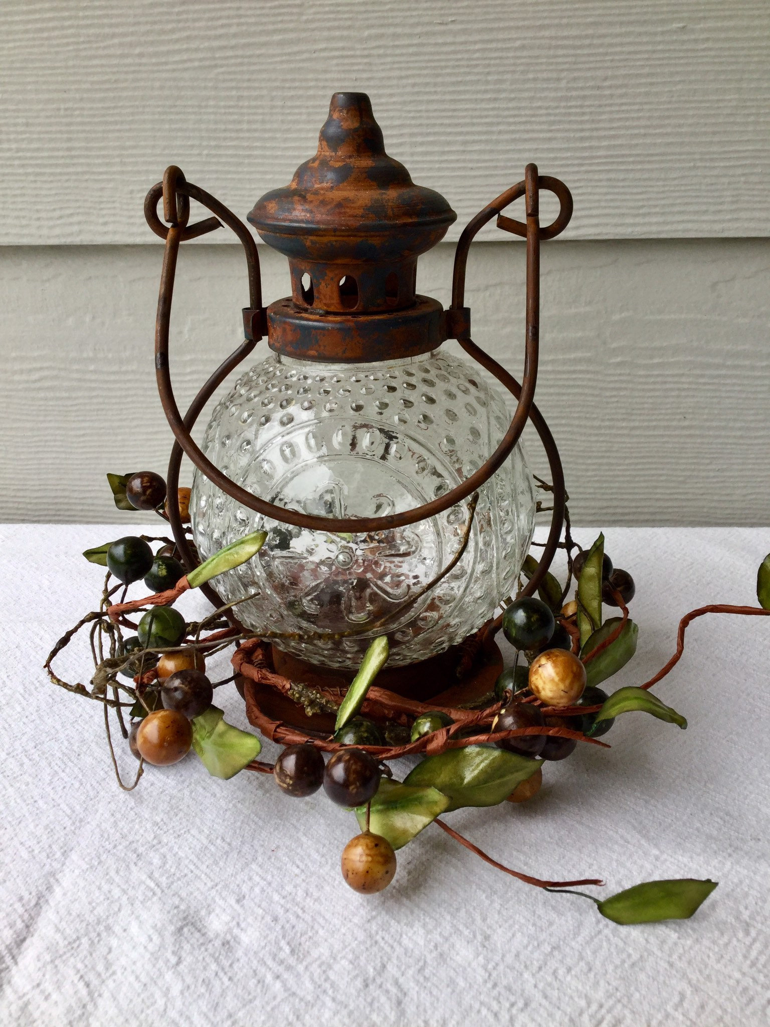 Vintage Style Lantern With Rustic Berries and Flameless Candle, Rustic