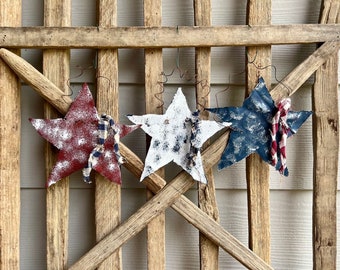 Set of 3 Rustic Tin Stars with Homespun Tie