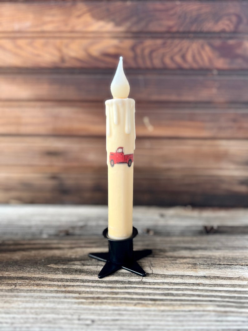 Flameless Taper Candle With Red Truck Design primitive Taper Etsy