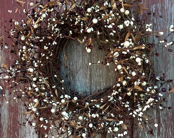 Burgundy and Cream Pip Berry Wreath with Rusty Stars, Patriotic Wreath ,Primitive Wreath, Rustic Wreath, Americana Wreath,