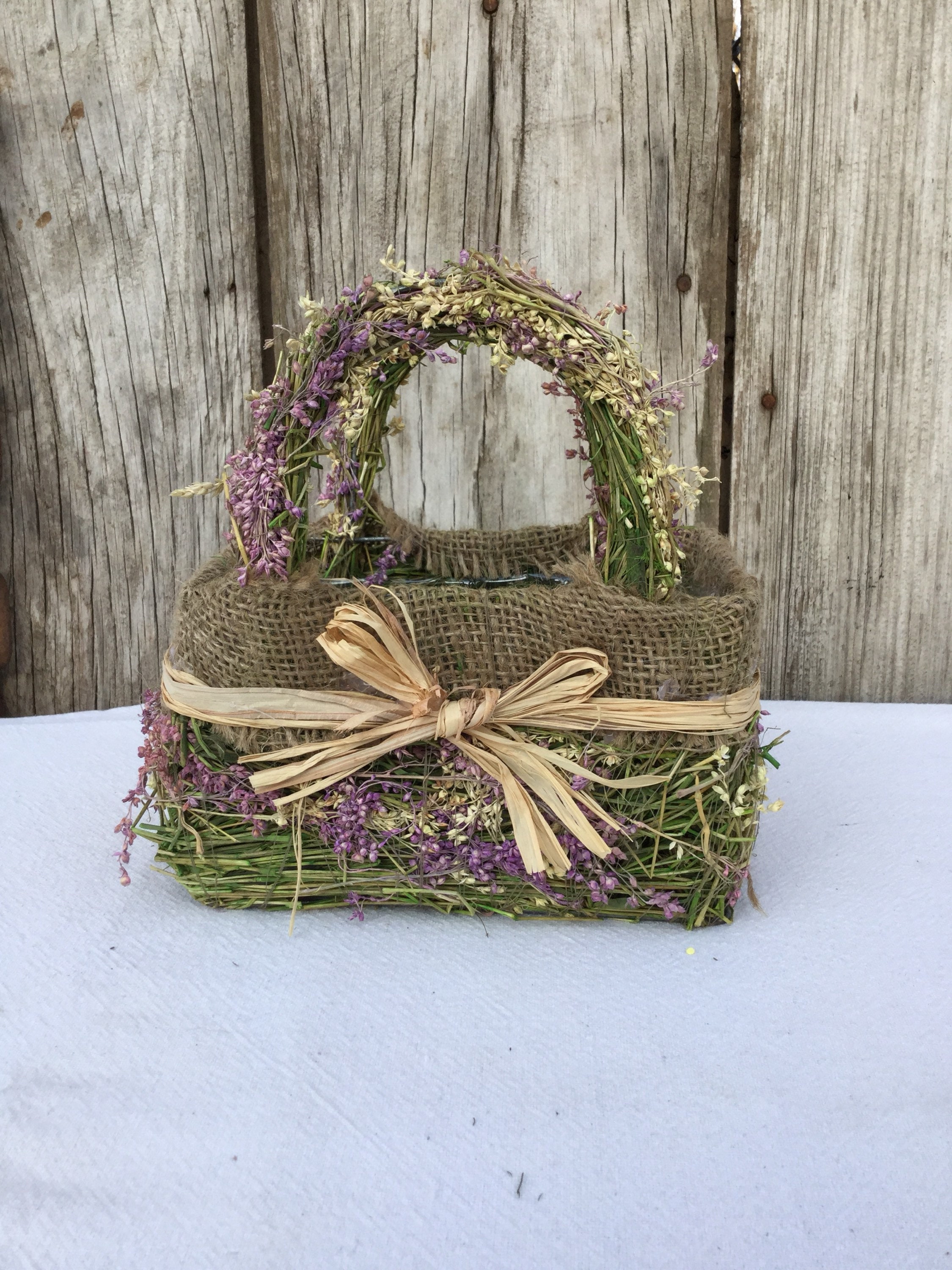 Burlap Basket with Dried Flowers and Raffia