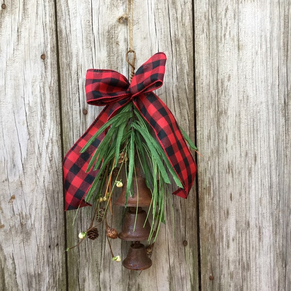 Rusty Bell Hanger with Pine Cones, Berries and Holiday Ribbon, Christmas Bells, Jingle Bell, Sleigh Bells, Christmas Decor, Rusty Bell