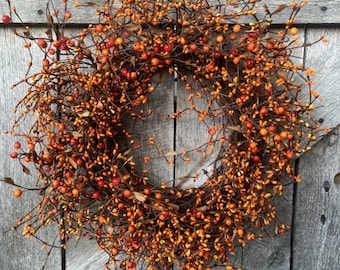 Orange Pip Berry Wreath, Fall Wreath, Autumn Wreath, Halloween Wreath, Primitive Wreath, Rustic Wreath, Country Wreath,