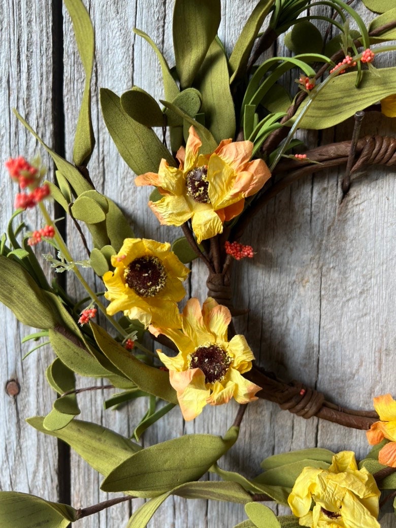 Fall Candle Ring with Yellow Sunflowers and Berries