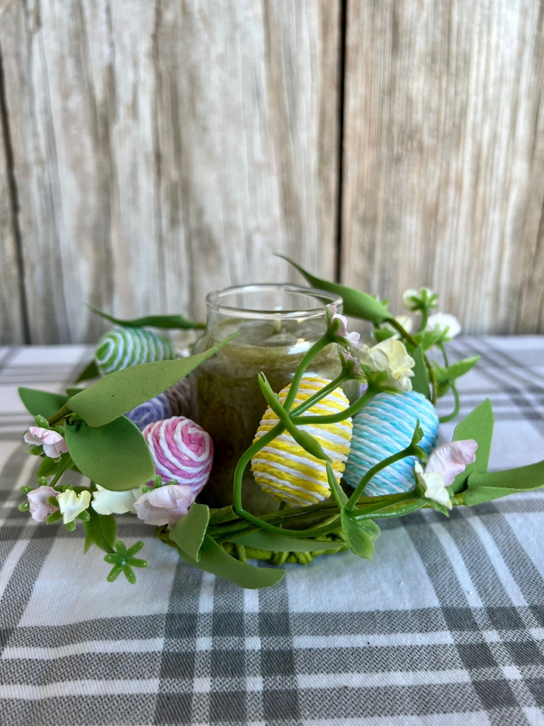 Easter Candle Ring With Striped Eggs and Flowers, Easter Decor, Easter